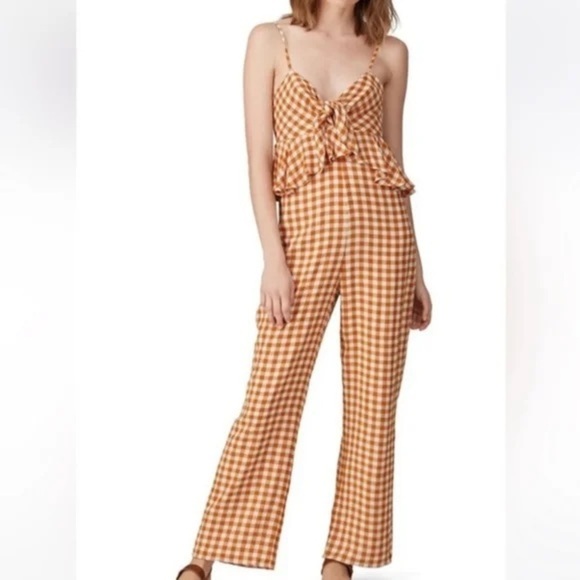 SAYLOR Pants - Saylor Gingham Plaid Jumpsuit Laken Apricot Womens XS Ruffle Tie Front